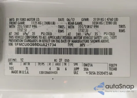 2013 Ford Escape Se from USA, damaged, VIN 1FMCU0G95DUA21734